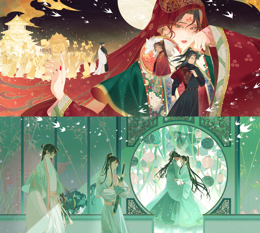 "The Husky and His White Cat Shizun: Erha He Ta De Bai Mao Shizun" Volume 5 and 6 Cover Illustrations