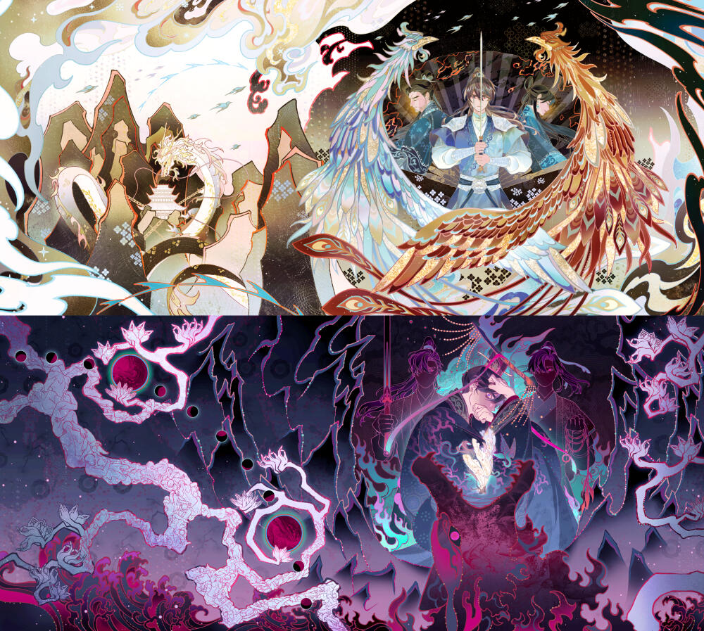 "The Husky and His White Cat Shizun: Erha He Ta De Bai Mao Shizun" Volume 9 and 10 Cover Illustrations